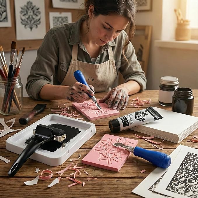 Falling in Art Linocut Kit for Printmaking, Rubber Block Stamp Printing Kit - Image 7