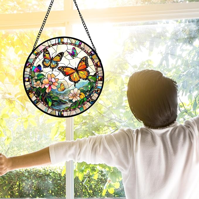 DASTOLL Stained Glass Window Hanging, Butterflies Flying in the Sky Suncatcher - Image 4