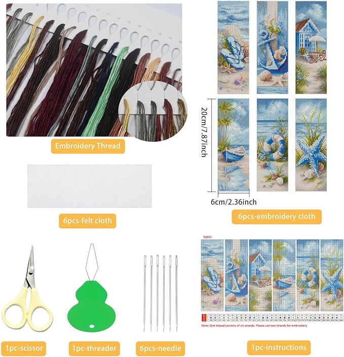 NEGEKFKX 6 Pcs Beach Cross Stitch Bookmark Kit - Image 2