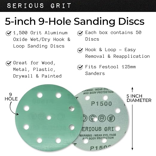 5-Inch 9-Hole 1500 Grit Sanding Discs - Heavy-Duty Hook & Loop Film Discs - Sandpaper for Random Orbital Sanders - 50 Pack Box
