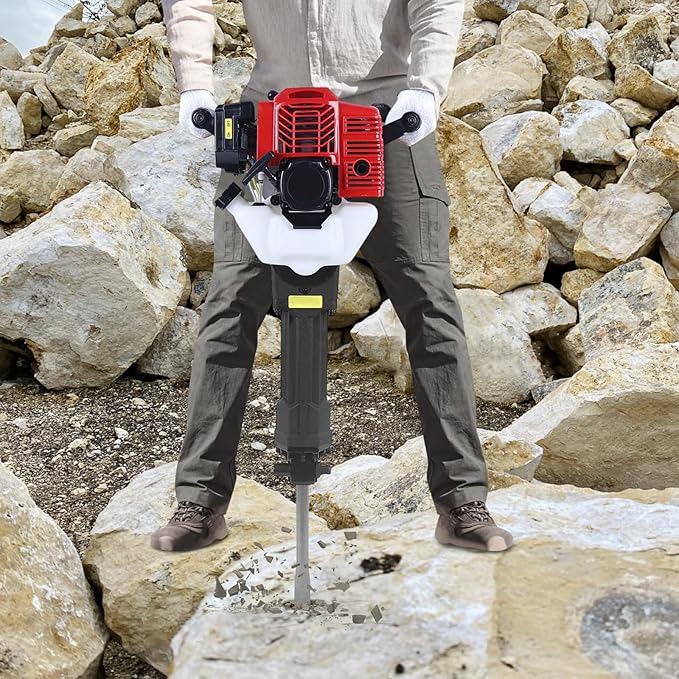 52cc 2 Stroke Handheld Gas Powered Demolition Jack Hammer Concrete Breaker Drill Jack Hammer Air Cooling Breaker Drill with 2 Chisel (One Point and One Flat) Gasoline Concrete Breaker for Building