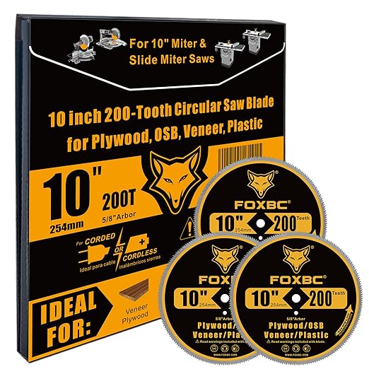 FOXBC 10 inch 200-Tooth Contractor Saw Blade for Plastic, Vinyl Siding, Plywood, OSB, Veneer with 5/8" Arbor - 3 Pack