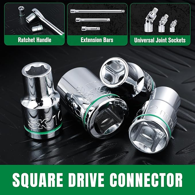 SK 1/2" Drive Socket Set, Metric Sockets, 11-Piece 10-20mm, SuperKrome Finish, Preminum CR-V Construction, with Aluminum Socket Organizer