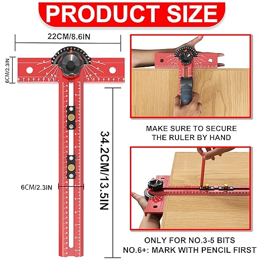 Woodworking T Square Ruler, Precision Drilling Positioning Measuring Tools, Adjustable Aluminum Alloy Sliding 13.5 Inch T-Square Ruler with Angle Adjustment for Carpenter Work and Architect