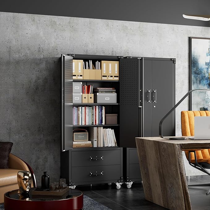 71.2" H Metal Garage Storage Cabinet with Wheels, Tool Storage Cabinets with 2 Lockable Doors and 2 Drawers for Garage Office School Home Warehouse Utility Room, Assembly Required,Black