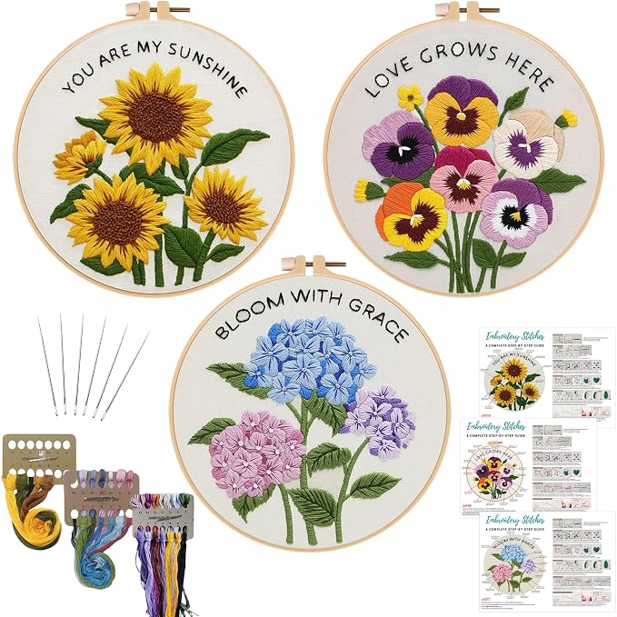 Nuberlic 3 Pack Embroidery Kit for Beginners, Floral Cross Stitch Kit | by Nuberlic