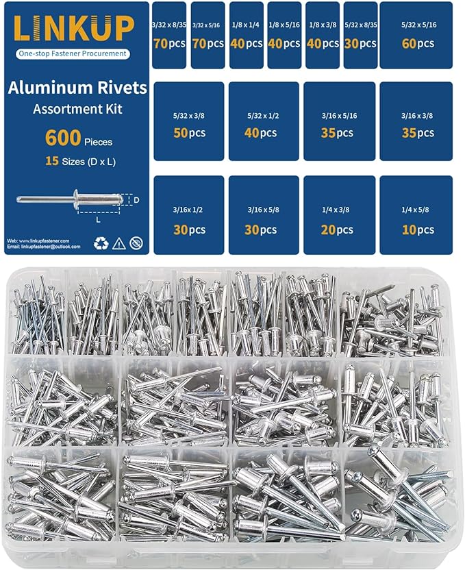Linkup 600pcs 15 Sizes Pop Rivets Assortment Kit,Aluminum Rivets, Silver pop rivet set including 3/32" 1/8" 5/32" 3/16" 1/4" blind rivets for metal Dome Head rivet kit