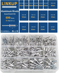Linkup 600pcs 15 Sizes Pop Rivets Assortment Kit,Aluminum Rivets, Silver pop rivet set including 3/32" 1/8" 5/32" 3/16" 1/4" blind rivets for metal Dome Head rivet kit