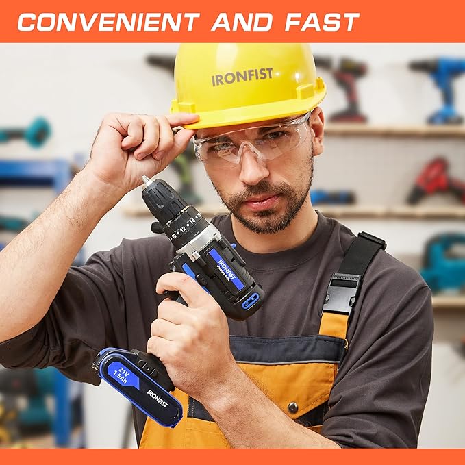 Cordless Drill, 2 Variable Speed Impact Driver 45Nm Torque, 3/8" Keyless Chuck Drill/Driver Sets, 2 Batteries and Charger