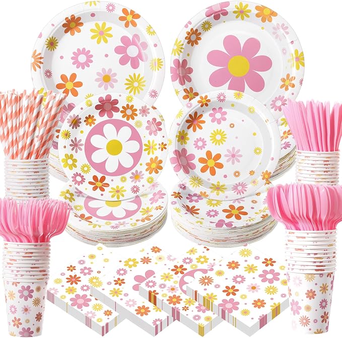 450 Pcs Daisy Groovy Tableware Set Decorations Boho Daisy Flower Paper Plates by Unknown
