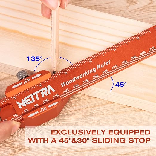 Woodworking Ruler, Neitra 3PCS (6/8/12 Inches) Metal Pocket Rule with a 45° & 30° Slide Stop for Measuring Precision, Slide Stop Aluminum Rule for Marking Inch and Metric T-Type Scribing Rulers Square