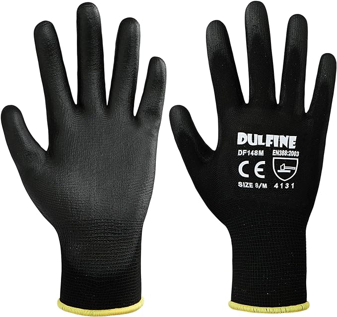 DULFINE Ultra-Thin PU Coated Work Gloves-12 Pairs,Excellent Grip,Nylon Shell Black Polyurethane Coated Safety Work Gloves, Knit Wrist Cuff,Ideal for Light Duty Work. (XX-Large)