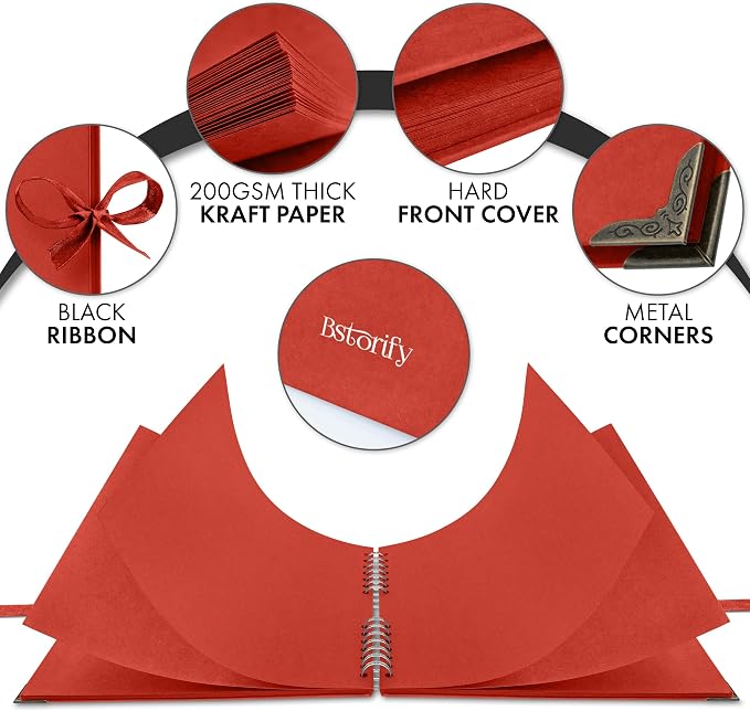 Bstorify 10 x 10 Inches Scrapbook Album 70 Pages Red Thick Kraft Paper Corner - Image 3