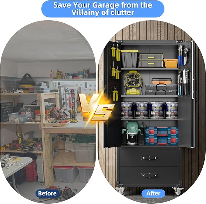 71.2" H Metal Garage Storage Cabinet with Wheels, Tool Storage Cabinets with 2 Lockable Doors and 2 Drawers for Garage Office School Home Warehouse Utility Room, Assembly Required,Black