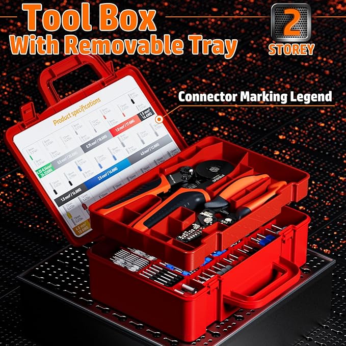 PEBA Ferrule Crimping Tool Kit, with 33 Types of Wire Ferrules, AWG 28-7 Self-Adjusting Hexagon Crimping Pliers and Wire Stripper | Ratchet Crimp Tool for Insulated/Uninsulated Ferrules - Hex Crimper