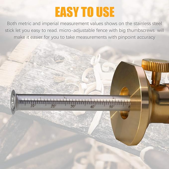 Wheel Marking Gauge Kit with 2 Extra Cutter Wheels, Anti Roll Brass Head with Hornbeam Wood Holder, Metric and Imperial Micro Adjuster Ruler, Woodworking Tools Scriber for Woodwork