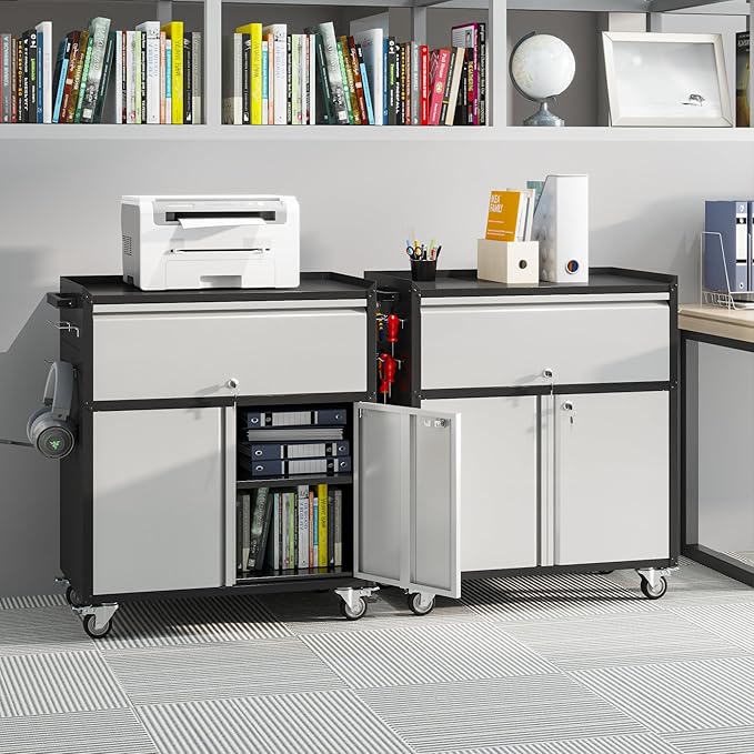 Aobabo Metal Cabinet with Wheels, Rolling Cabinet with 1 Drawer and 4 Hooks, 35" H Steel Garage Storage with Pegboard and Handle, Assembly Required, Black Grey