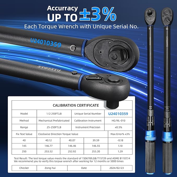 1/2-Inch Drive Click Torque Wrench, Dual-Direction Click Professional Torque Wrench 25-250FT.LB/33.9-339N.M, Dual Range Scales Graduated in FT.LB and N.M, Blue