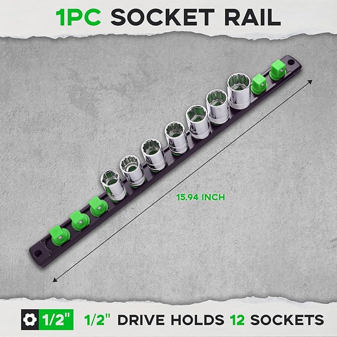 1/2-Inch Drive Magnetic Socket Organizer, Heavy Duty Aluminum Socket Rail Organizer, 360° Swivel Clips Socket Holder Kit for Tool Box, 1/2-Inch Socket Holder x 12 Clips (Green)