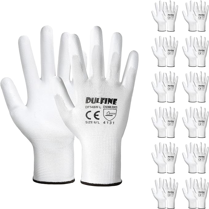Safety Work Gloves PU Coated-12 Pairs,White Seamless Knit Glove with Polyurethane Coated Smooth Grip on Palm & Fingers, for Men and Women, Ideal for General Duty Work (XX-Large)