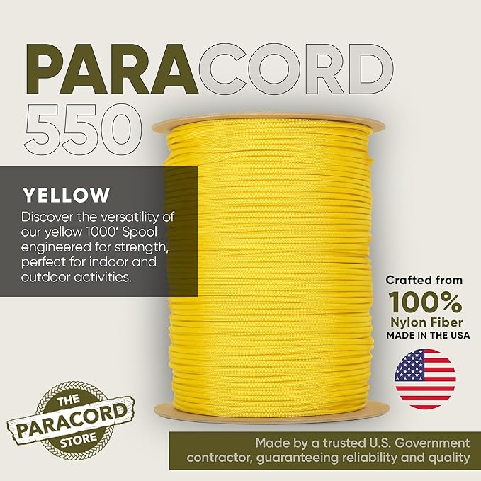 The Paracord Store | Type III 550 Paracord - 1000 FT Spool, Yellow | Heavy Duty 7 Strand Tactical Paracord - USA Made Nylon Outdoor Parachute Cord for Camping, Fishing & More - Survival Cord