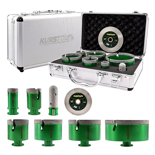 Tile Hole Saw Kit - 6pcs Diamond Core Drill Bits 25/35/50/65/75/102mm+1pc 3/4" Finger Milling Bit+1pc 4-1/2" Cutting Grinding disc 5/8-11" Thread for Porcelain Ceramic Tile Granite Marble