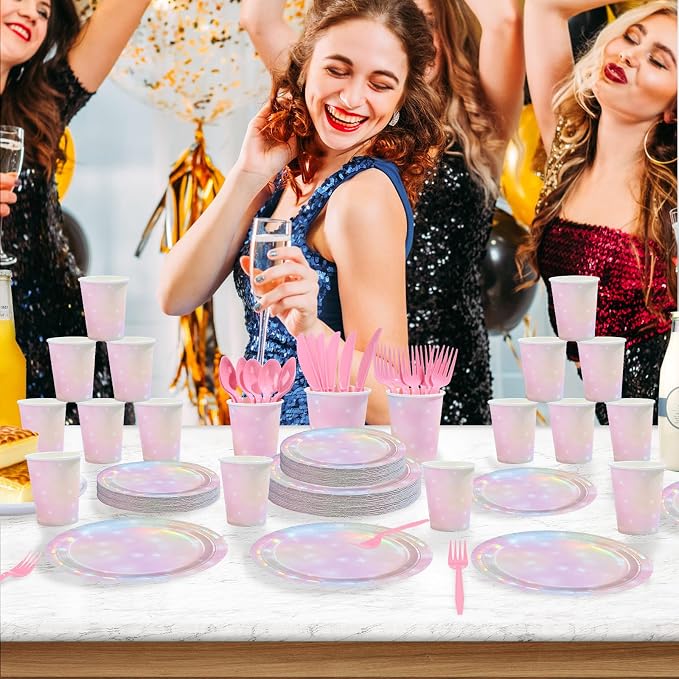 168Pcs Pink Pastel Rainbow Party Decorations Pink Iridescent Plates and Napkins - Image 6