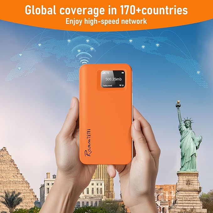 RoamWiFi 4G LTE WiFi Mobile Hotspot, Local & International Coverage Travel Router in 170+ Countries,No Contract or SIM Card Required,10 Connected Devices, US 50GB & Global 1GB Data 60Day