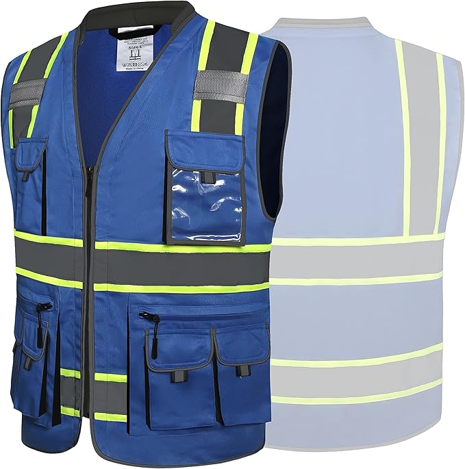JKSafety 10 Pockets Hi-Vis Zipper Front Fluorescent Blue Safety Vest | Cushioned Collar | High Reflective Tapes with Extended Neon Yellow Strips | Meets ANSI/ISEA Standards (Medium, 89-Blue)