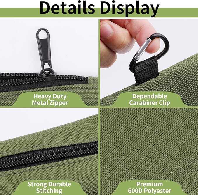 3 Pack Tool Bag Zipper Pouch, Premium Tool Pouch, Utility Multipurpose Storage Organizer Tool Pouches with Carabiner Metal Zipper for Tools, Stationary, Pencil Pouch (3 Pack, Tan, Navy Green, Black)