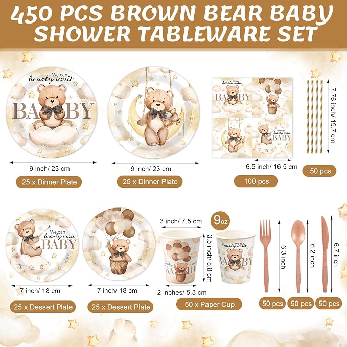450 Pcs Brown Bear Baby Shower Tableware Set Decorations We Can Bearly Wait - Image 2