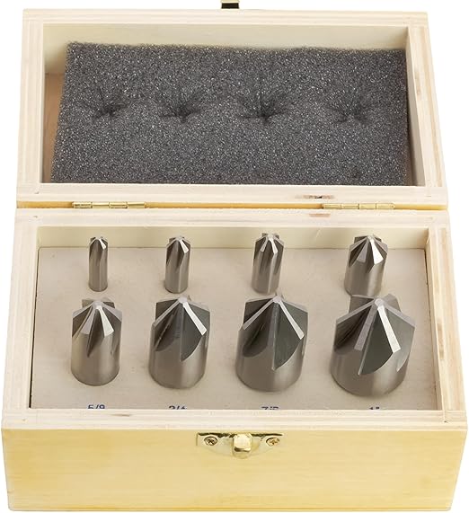 8 pc High-Speed Steel Countersink Drill Bit Set, 90° Countersink Angle, 6 Flute, 1/4" to 1"