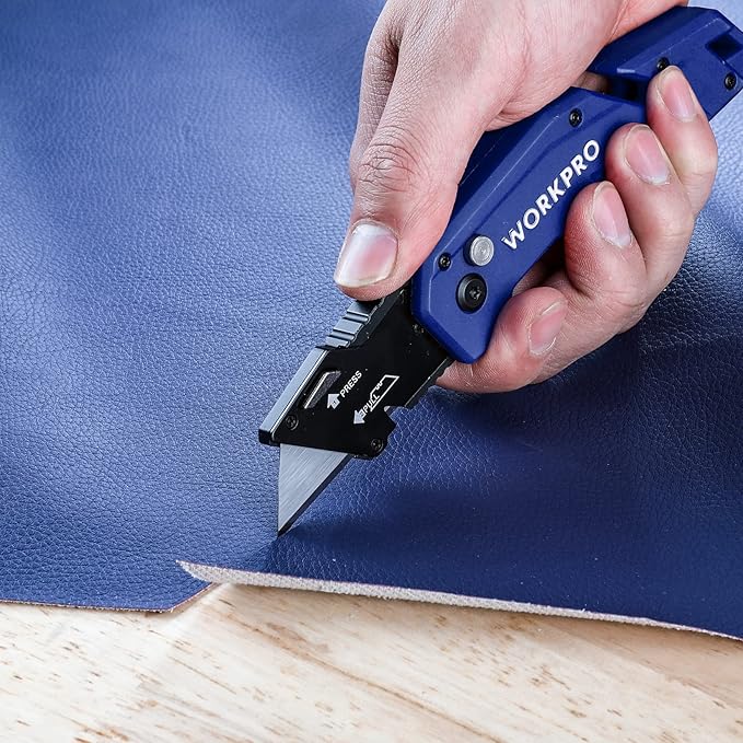 WORKPRO Folding Utility Knife, Box Cutter with Belt Clip, Quick-Change Blade, Lightweight Nylon Handle, Wire Stripper & Gut Hook, Extra 10 SK5 Blades Included, Blue