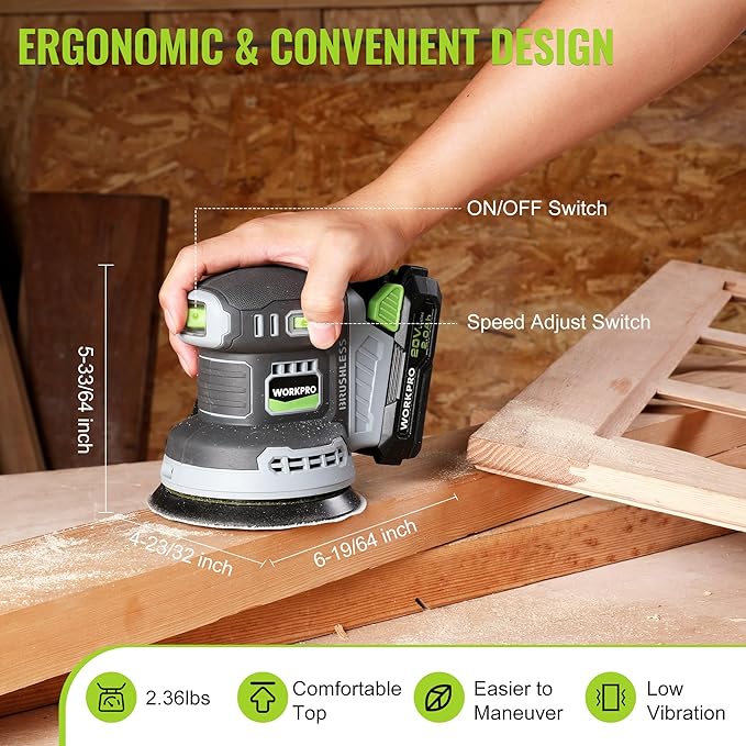 WORKPRO Cordless Random Orbital Sander Brushless 6 Variable Speeds 6000 to 12000 OPM, 20V 5in Electric Orbit Sander for Woodworking with Battery, Charger, Dust Collector, Tool Bag,15 Pcs Sanding Discs