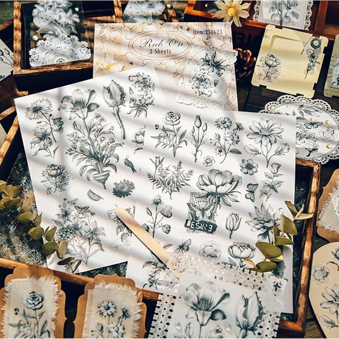 2 Sheets Vintage Floral Rub On Transfer Stickers, - Image 2