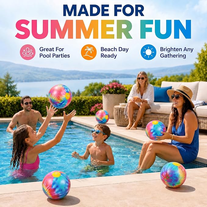 Realspring 12 Pack 8 Inch Tie Dye Beach Balls Bulk Rainbow Themed Pool Toys - Image 6