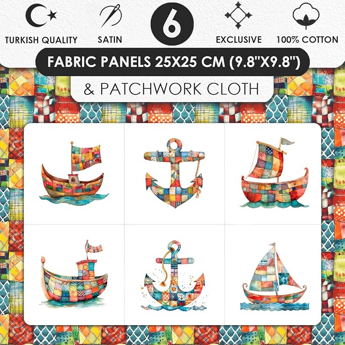 Patchwork Boat Cotton Fabric Panel – Six 10×10 inch Designs + Bonus 29.5×19.6 - Image 3