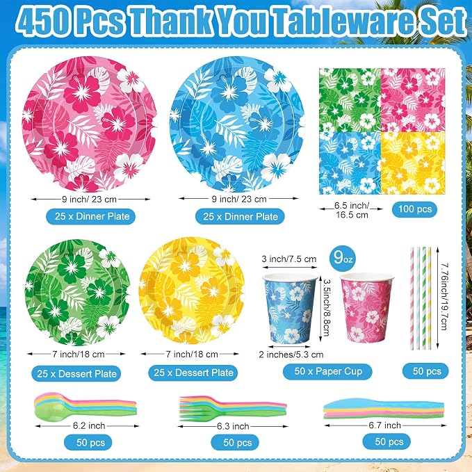 450 Pcs Hawaiian Luau Tableware Set Decorations Aloha Tropical Hibiscus Palm - Image 2