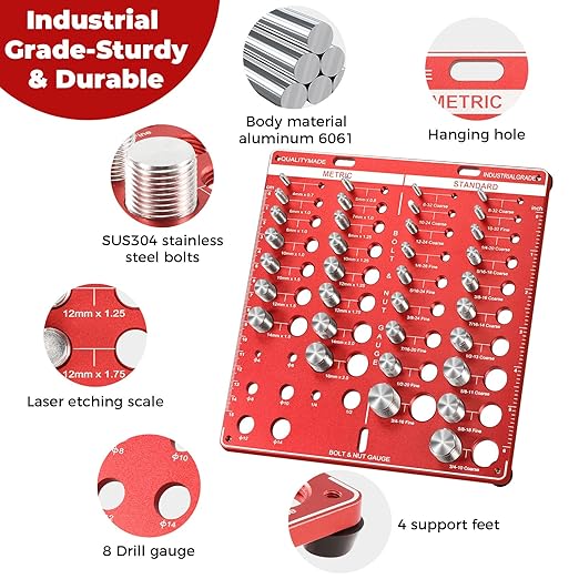 42 Nut and Bolt Thread Checker - 19 Standard and 15 Metric Bolt Checker and 8 Drill Bit Gauge,Bolt Size and Thread Gauge,Wall-Mountable Bolt and Nut Identifier Gauge