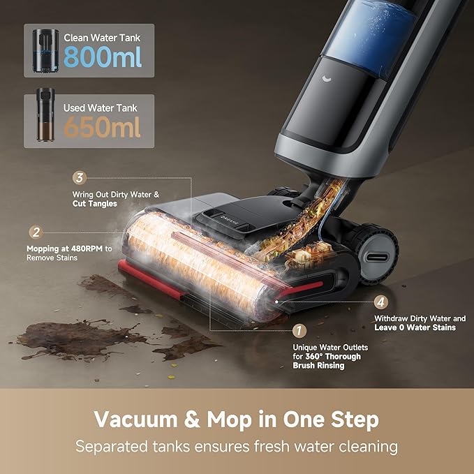 DREAME H15 Pro Heat Wet Dry Vacuum Cleaner, 185°F Hot Water Floor Cleaning, Cordless Vacuum Mop with GapFree AI Robotic Arm, 22KPa Suction, 0 Hair Tangle, 212°F Self-Clean, 194°F Hot Air Drying