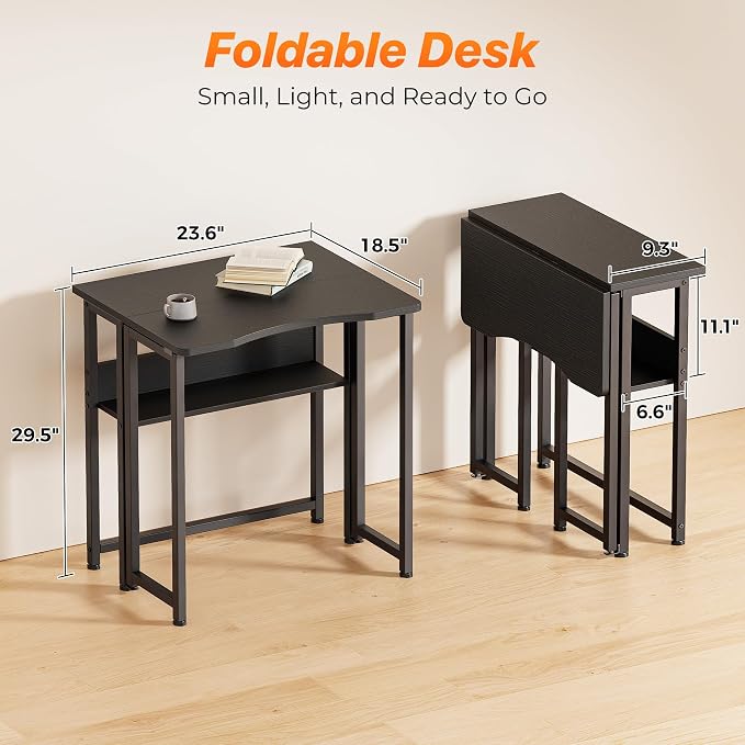 Huuger Folding Desk with Storage Shelf, 23.6 Inch Foldable Computer Table - Image 2