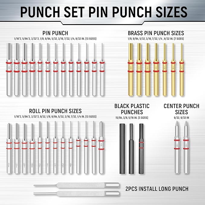 Pin Punch Set, 40PCS Steel and Brass, Mechanical Repair Tool with Hammer, Bench Block