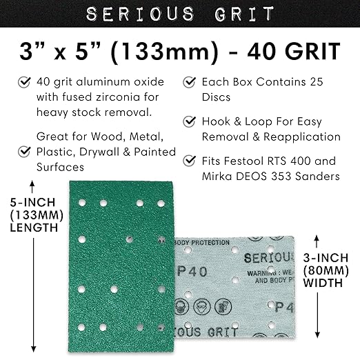 3" x 5" (80mm x 133mm) 14-Hole 40 Grit Sanding Sheets - Fits Festool RTS 400 & Mirka Deos 353 - Heavy-Duty Hook & Loop Film Abrasives - Sandpaper for Sheet Sanders - 25 Pack Box