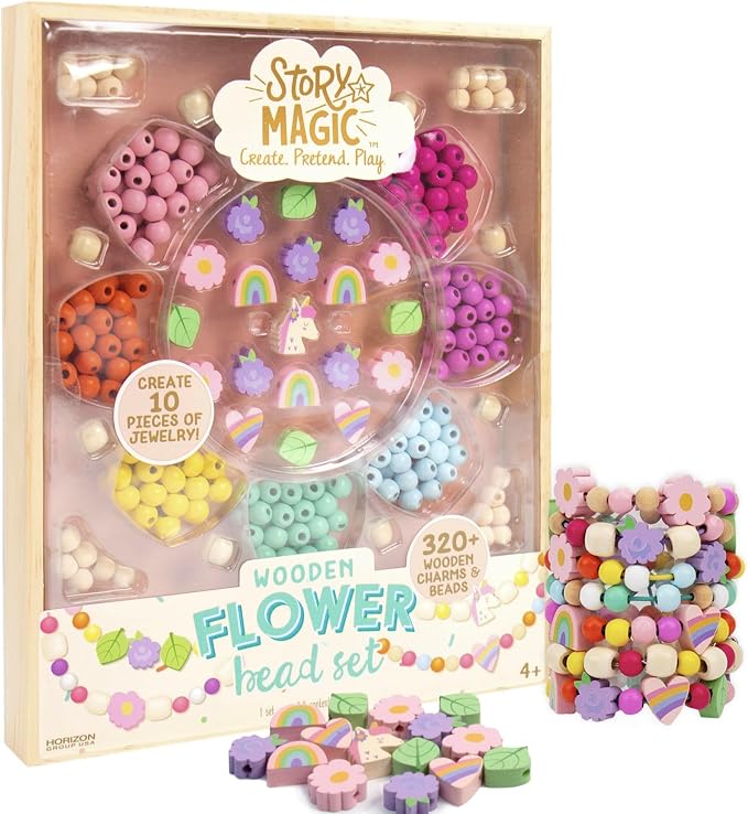Story Magic Wooden Flower Bead Set, Over 300 Large Hole Wood Beads & Charms by StoryMagic