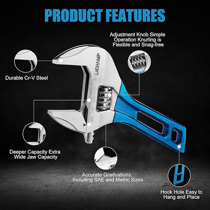 Lichamp 8-Inch Stubby Adjustable Wrench with 44 mm Wide Jaw Opening for Plumbing Automotive and Industry Tight Spaces Work