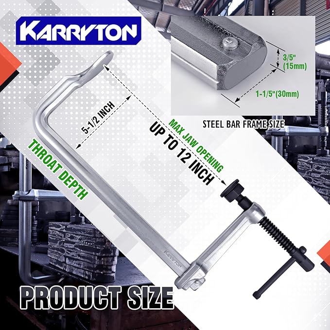 Heavy Duty 12" Inch F-Clamp w/Replaceable Pad, 5-1/2-Inch(140mm) Deep Throat, Bar Size 1-1/5" * 3/5" Drop Forged Steel Bar Clamps, 2900LB Clamping Force