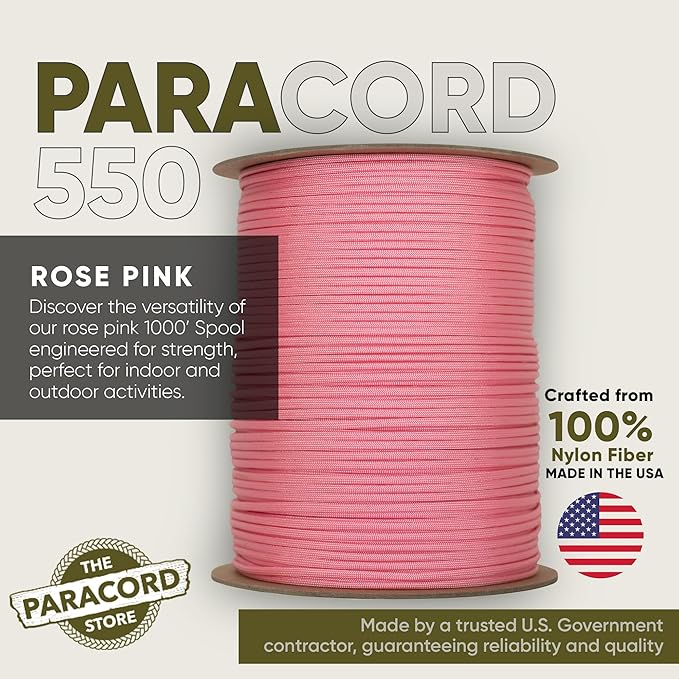 The Paracord Store | Type III 550 Paracord - 1000 FT Spool, Rose Pink | Heavy Duty 7 Strand Tactical Paracord - USA Made Nylon Outdoor Parachute Cord for Camping, Fishing & More - Survival Cord