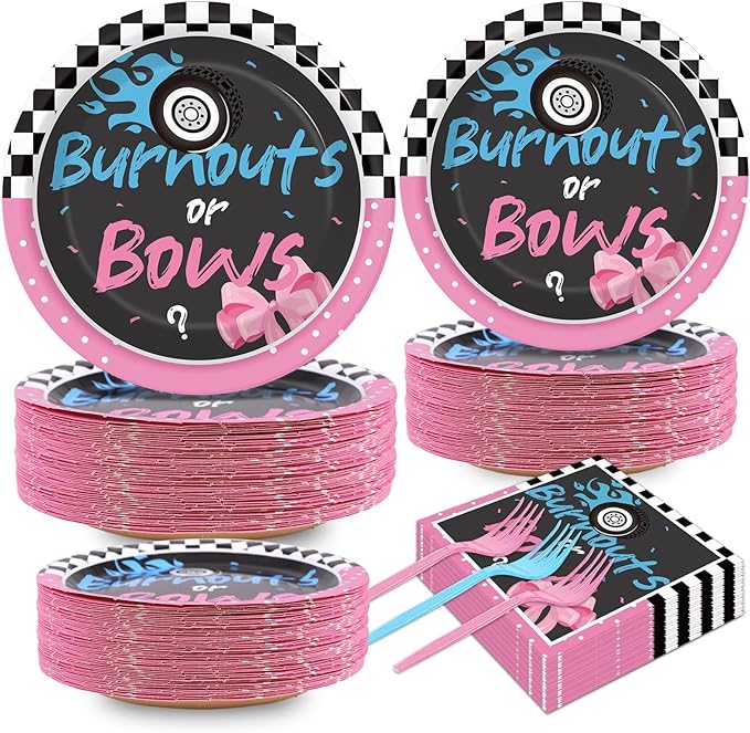 50 Guests Burnouts or Bows Gender Reveal Plates and Napkins Party Supplies Boys by Qyeahkj