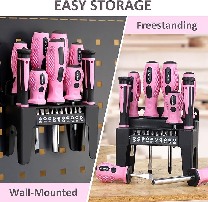 FASTPRO 21-Piece Magnetic Screwdrivers Set with Organizer Rack, Slotted Phillips Screwdrivers and Precision Screwdrivers, Repair Tool Kit for Women, Pink