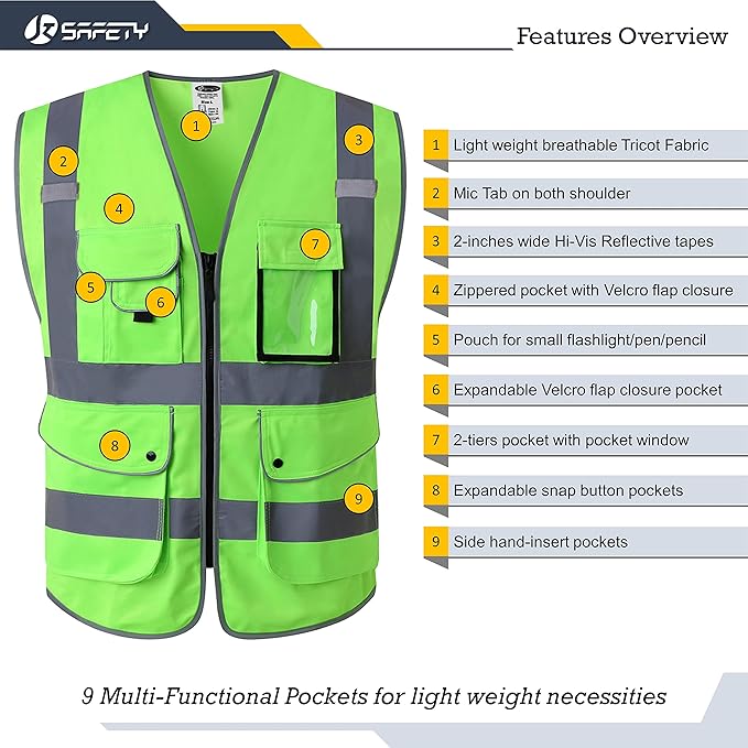 JKSafety 9 Pockets Class 2 High Visibility Zipper Front Safety Vest With Reflective Strips, Meets ANSI/ISEA Standards (Medium, 150-Green)